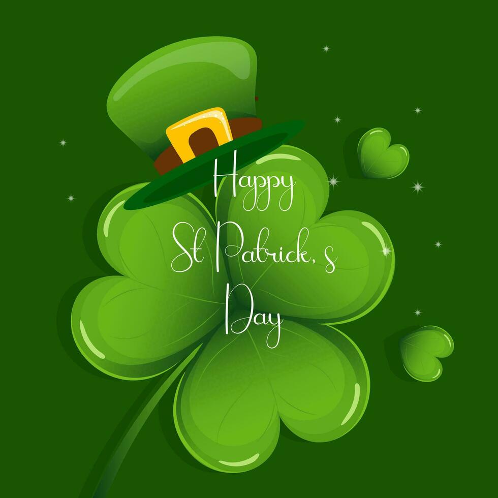 st. dia de patrick, chapéu de duende com folhas de trevo e texto de felicitações. ilustração, cartão postal, banner, vetor