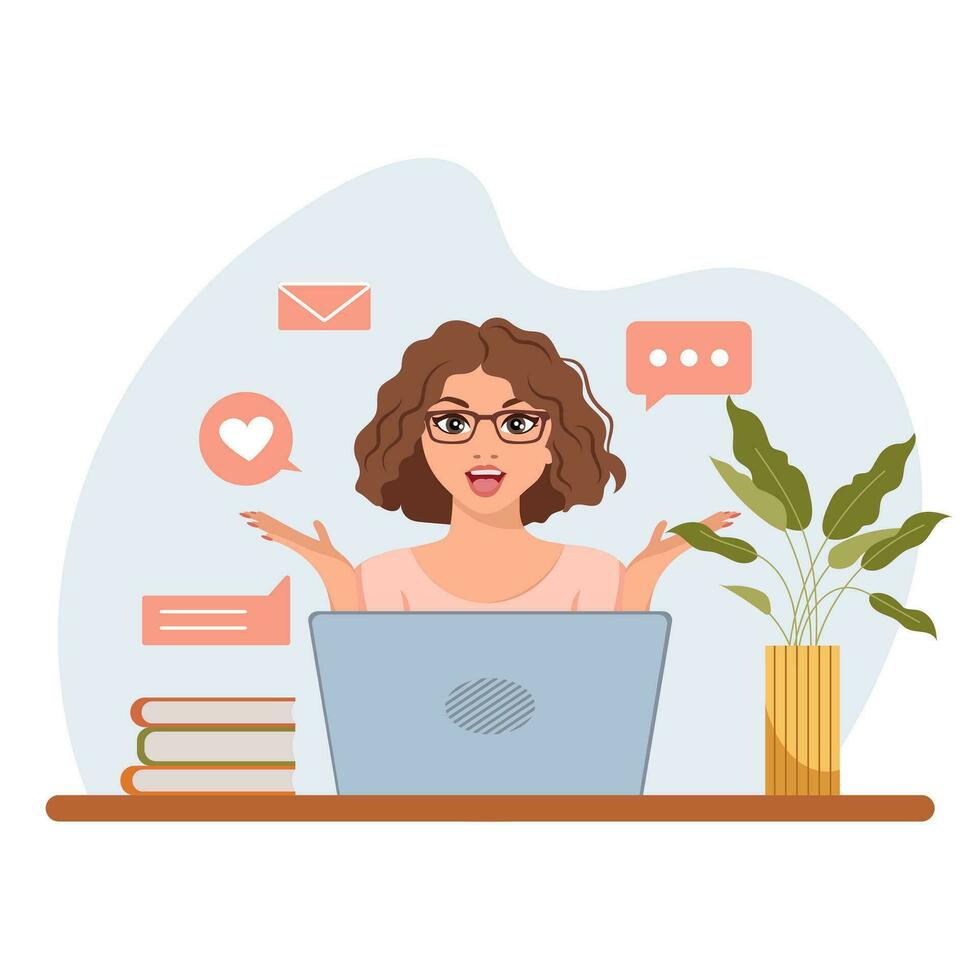 uma mulher com uma computador portátil pega gosta, comentários, avaliações, opinião. blogueiro, trabalhador autonomo. ilustração, grampo arte, vetor