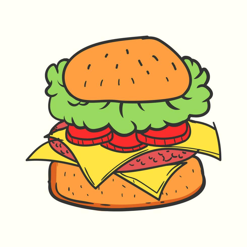 desenhado à mão hamburguer ilustração com tomate Duplo queijo e alface. hamburguer vetor ilustração
