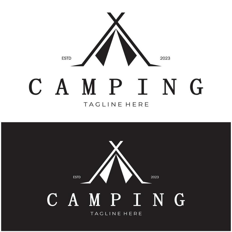 vintage e retro barraca logotipo, acampamento. com barraca, árvore e fogueira placa. aventureiros, Escoteiros, alpinistas, acampamento equipamento Centro vetor