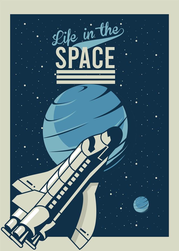 a vida no espaço letras com a nave espacial e o planeta Vênus em pôster estilo vintage vetor