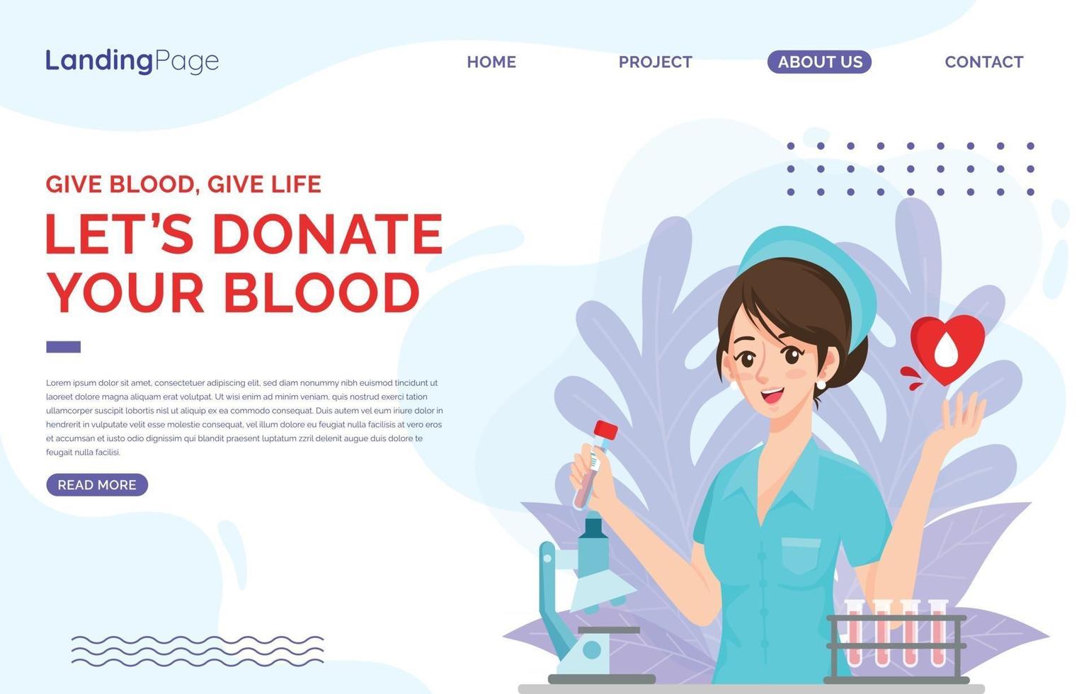 página de destino enfermeira de beleza doar sangue vetor