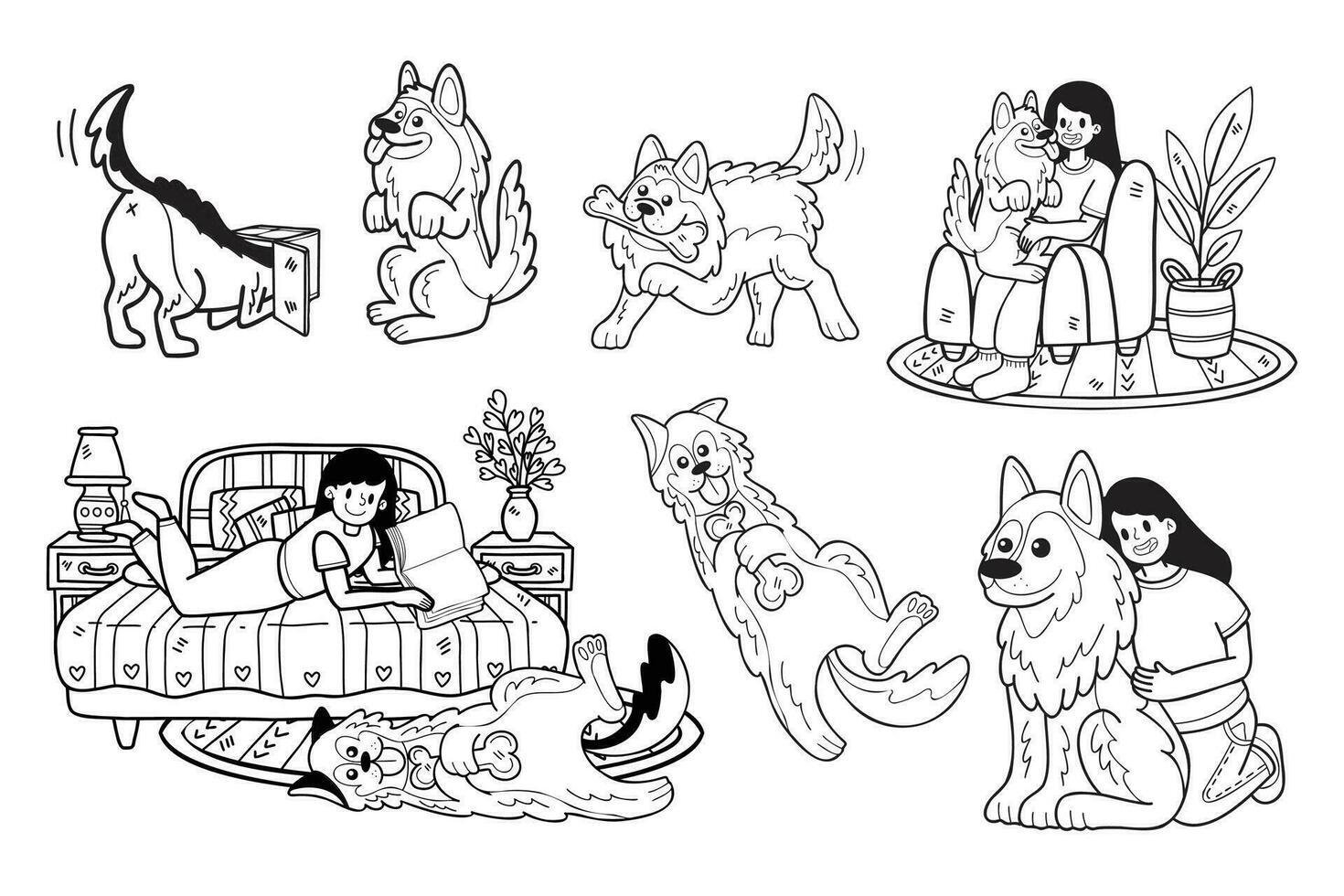 mão desenhado alemão pastor cachorro e família coleção dentro plano estilo ilustração para o negócio Ideias vetor