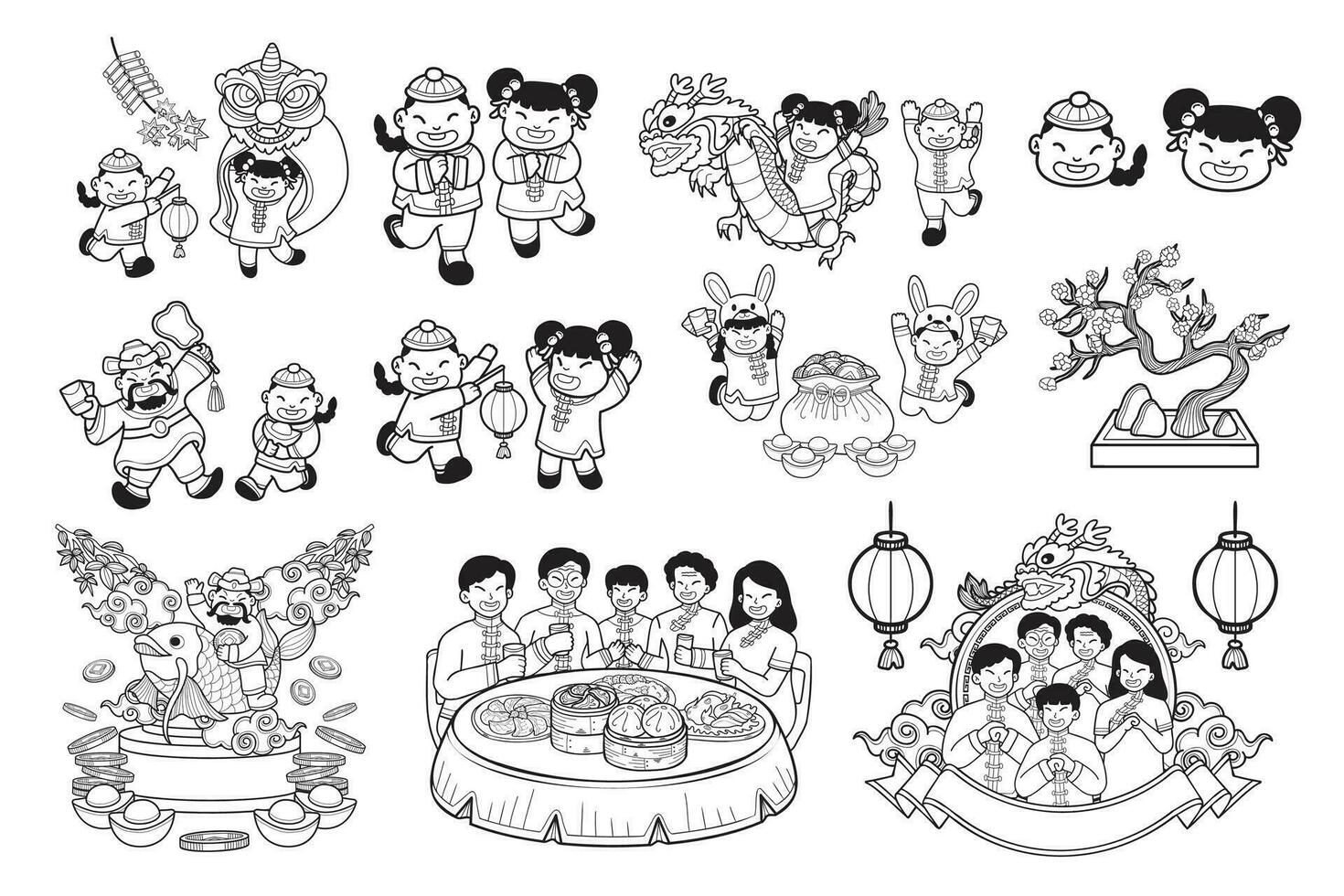 mão desenhado chinês crianças e família coleção dentro plano estilo ilustração para o negócio Ideias vetor