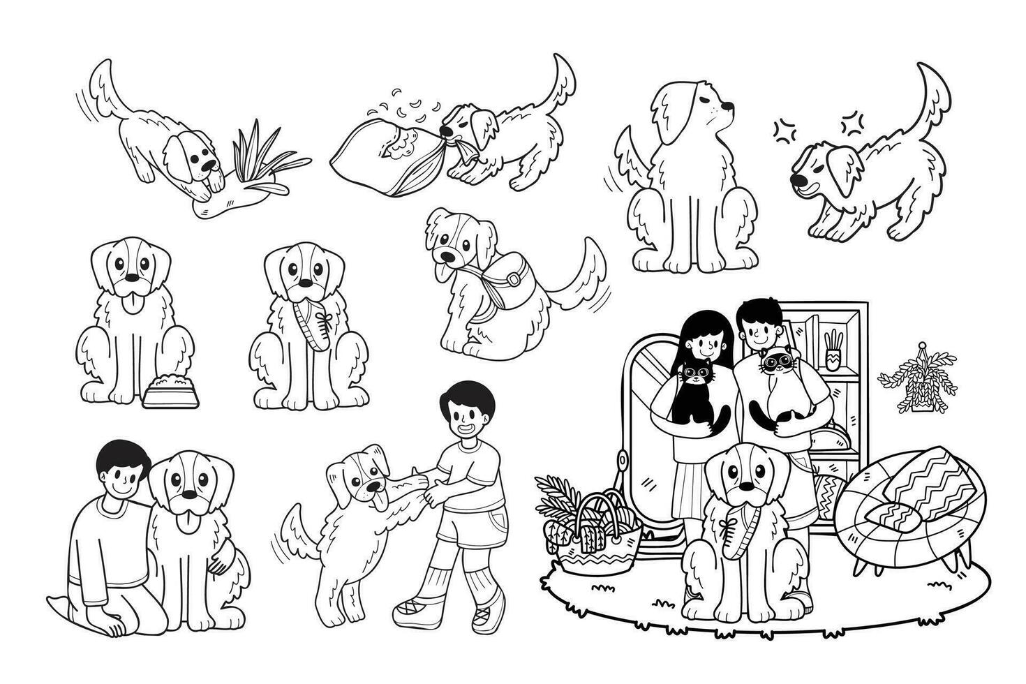 mão desenhado dourado retriever cachorro e família coleção dentro plano estilo ilustração para o negócio Ideias vetor