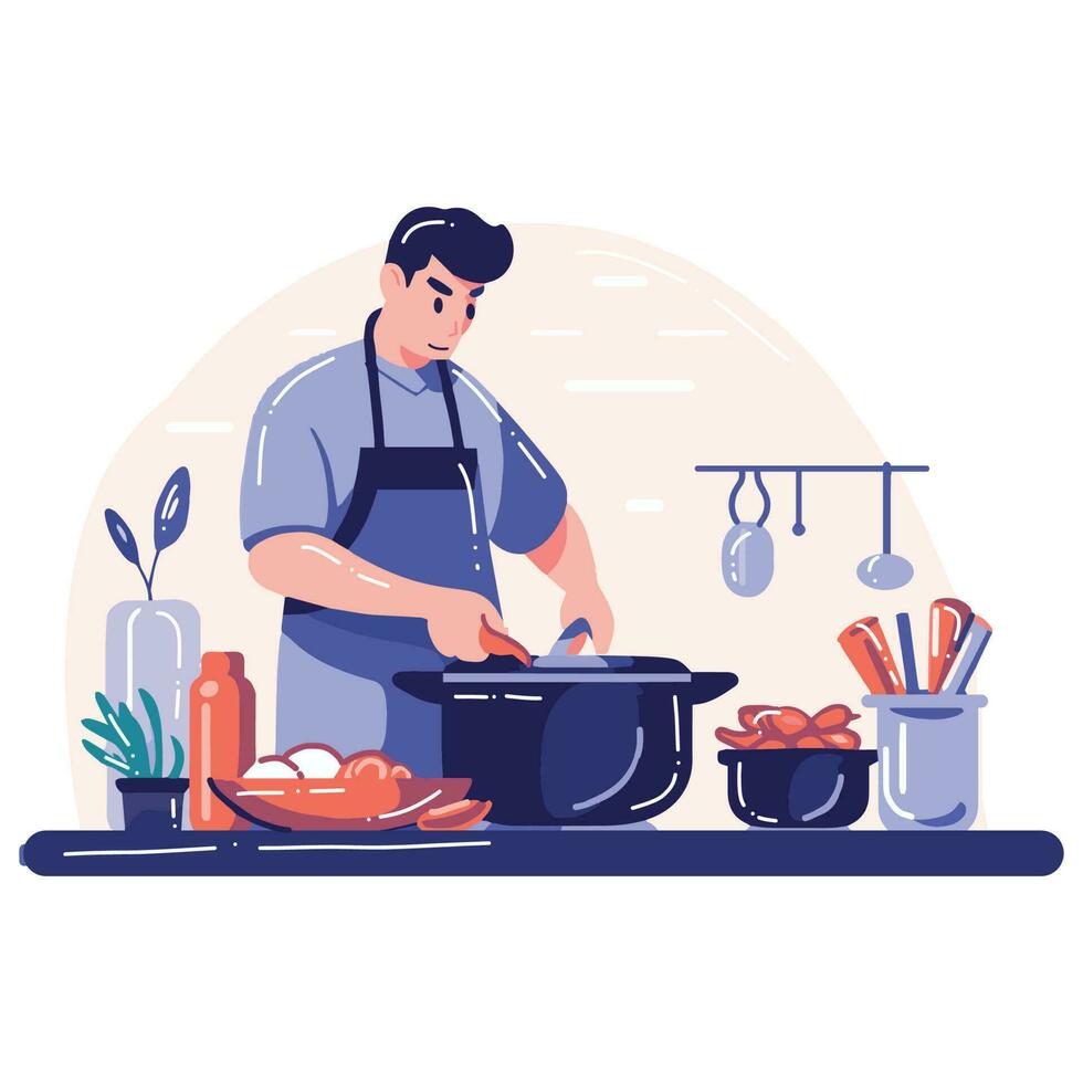 mão desenhado chefe de cozinha cozinhando dentro a cozinha plano estilo ilustração para o negócio Ideias vetor