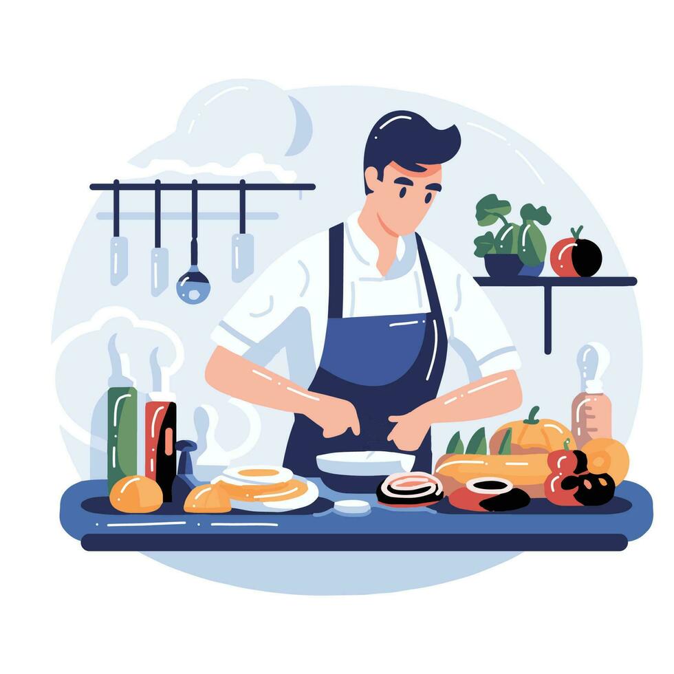 mão desenhado chefe de cozinha cozinhando dentro a cozinha plano estilo ilustração para o negócio Ideias vetor