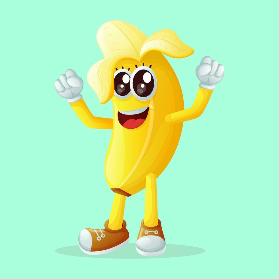 fofa banana personagem fazer uma vitória placa com dele mão vetor