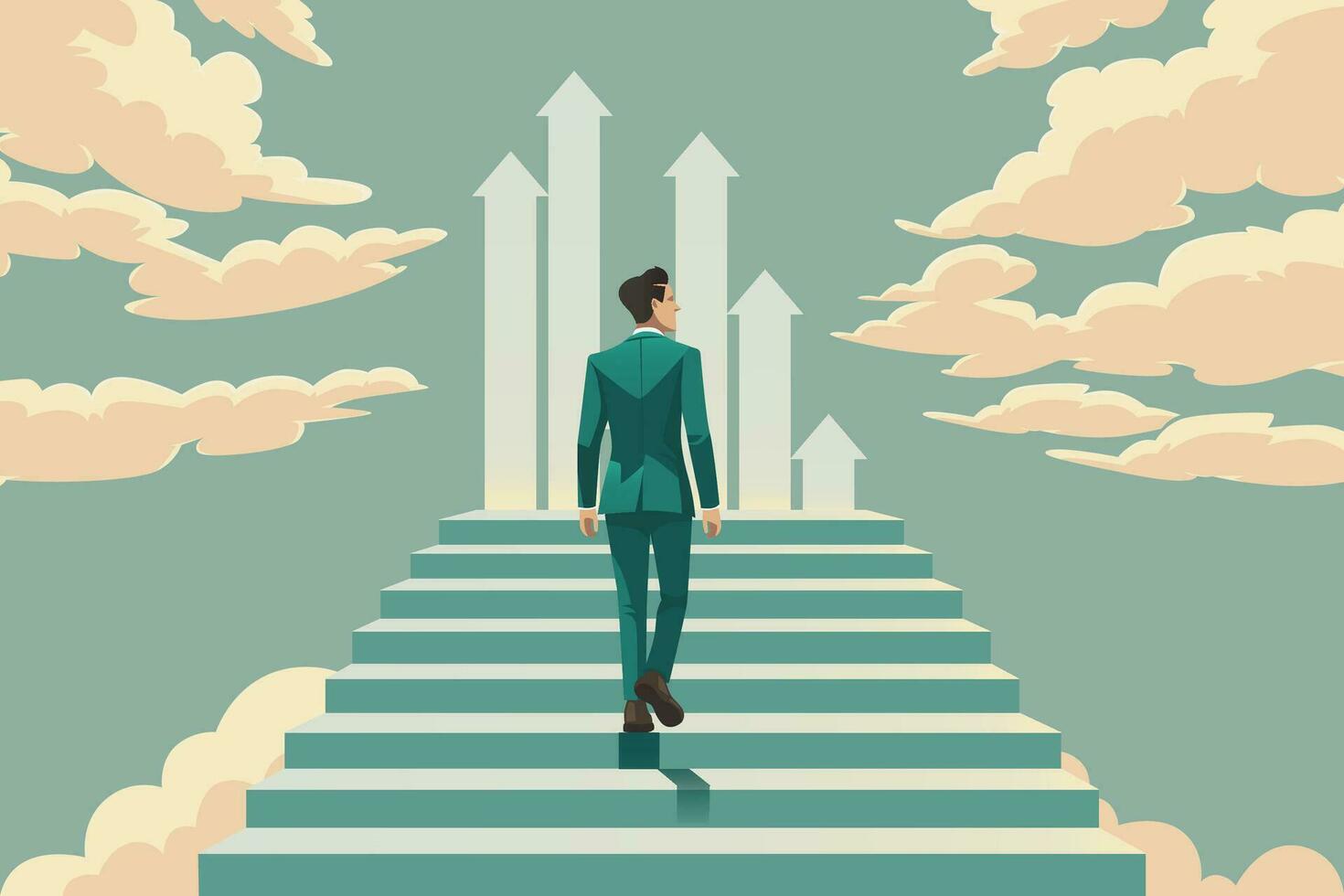 homem de negocios caminhando acima e pisar a escada para sucesso e objetivo conquista. vetor ilustração