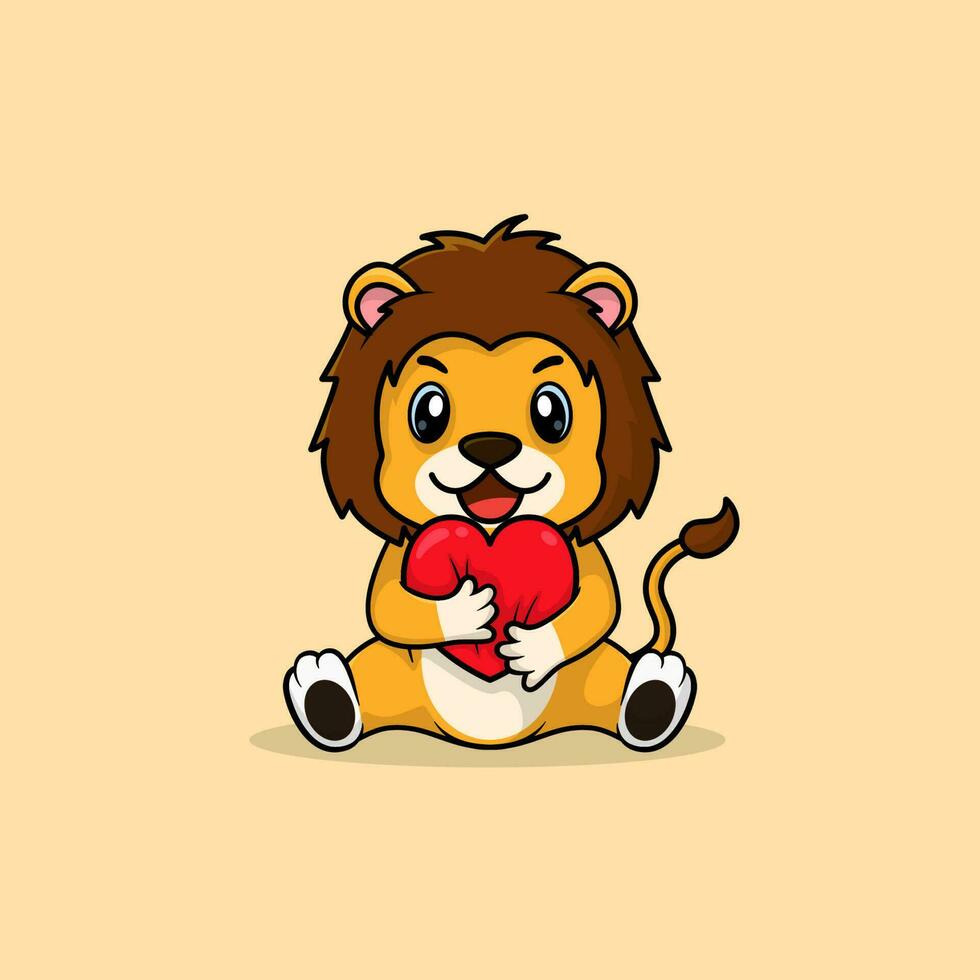 vetor fofa bebê leão desenho animado segurando amor ícone plano ilustração.