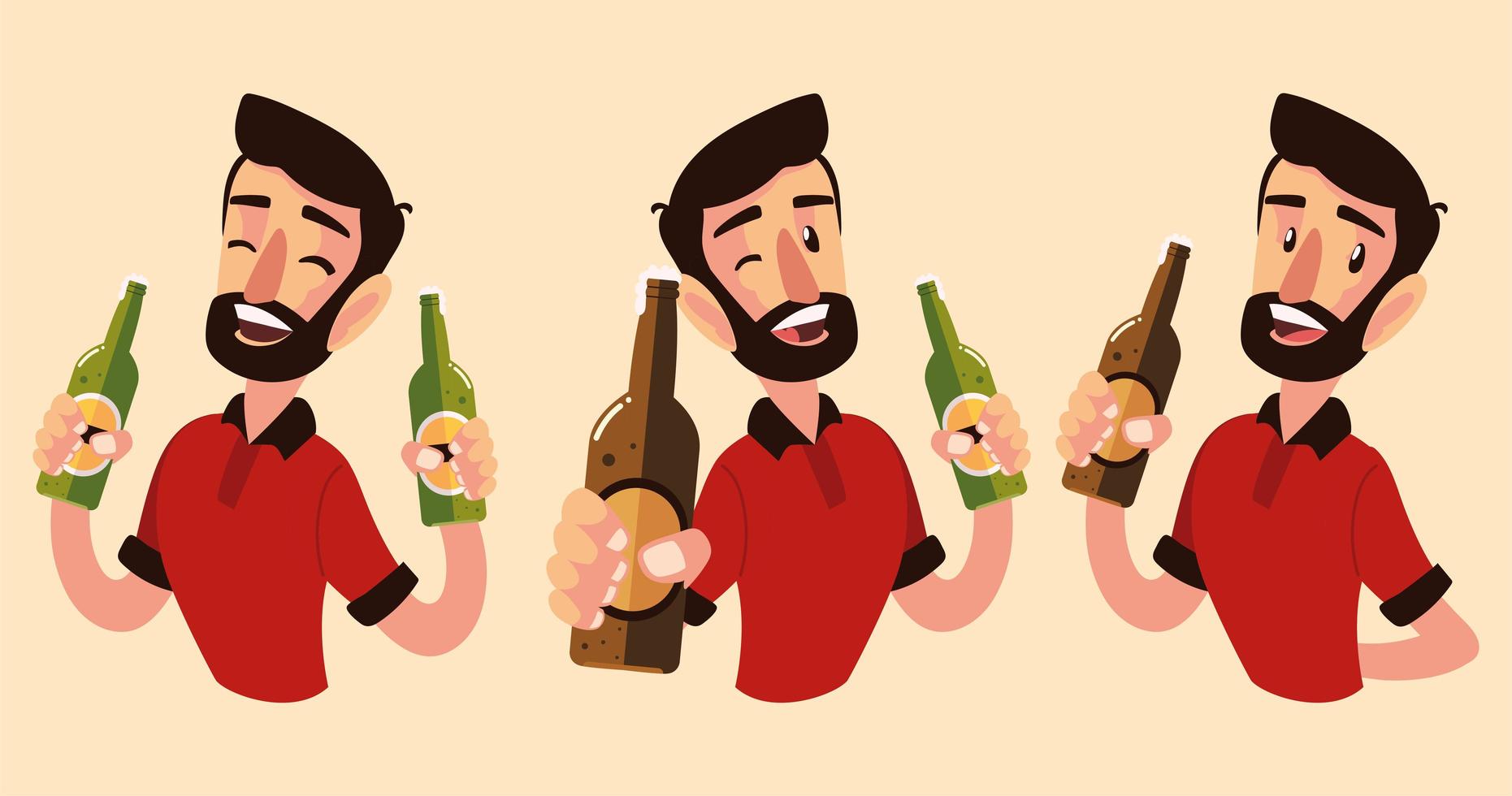 homem de desenho animado segurando diferentes garrafas de champanhe e vinho vetor