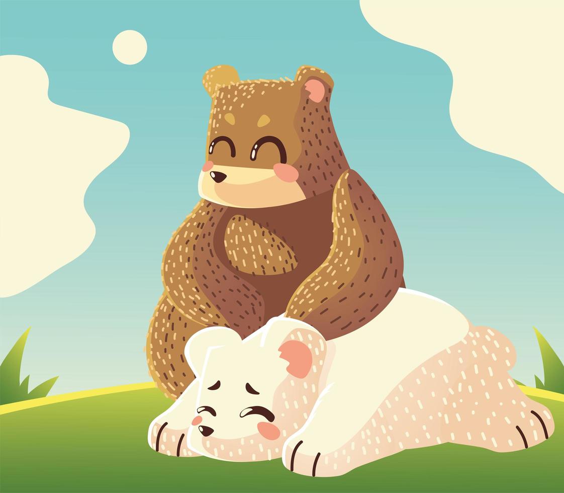 urso fofo e urso polar descansando na grama dos animais dos desenhos animados vetor