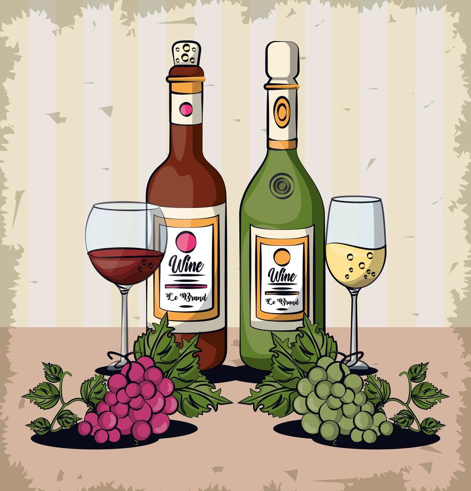 taças de vinho e garrafas com frutas de uvas vetor