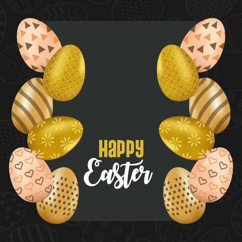cartão de feliz páscoa com letras e ovos de ouro pintados vetor