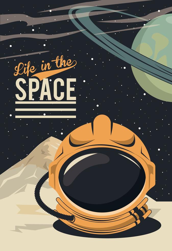 poster da vida no espaço com capacete de astronauta vetor