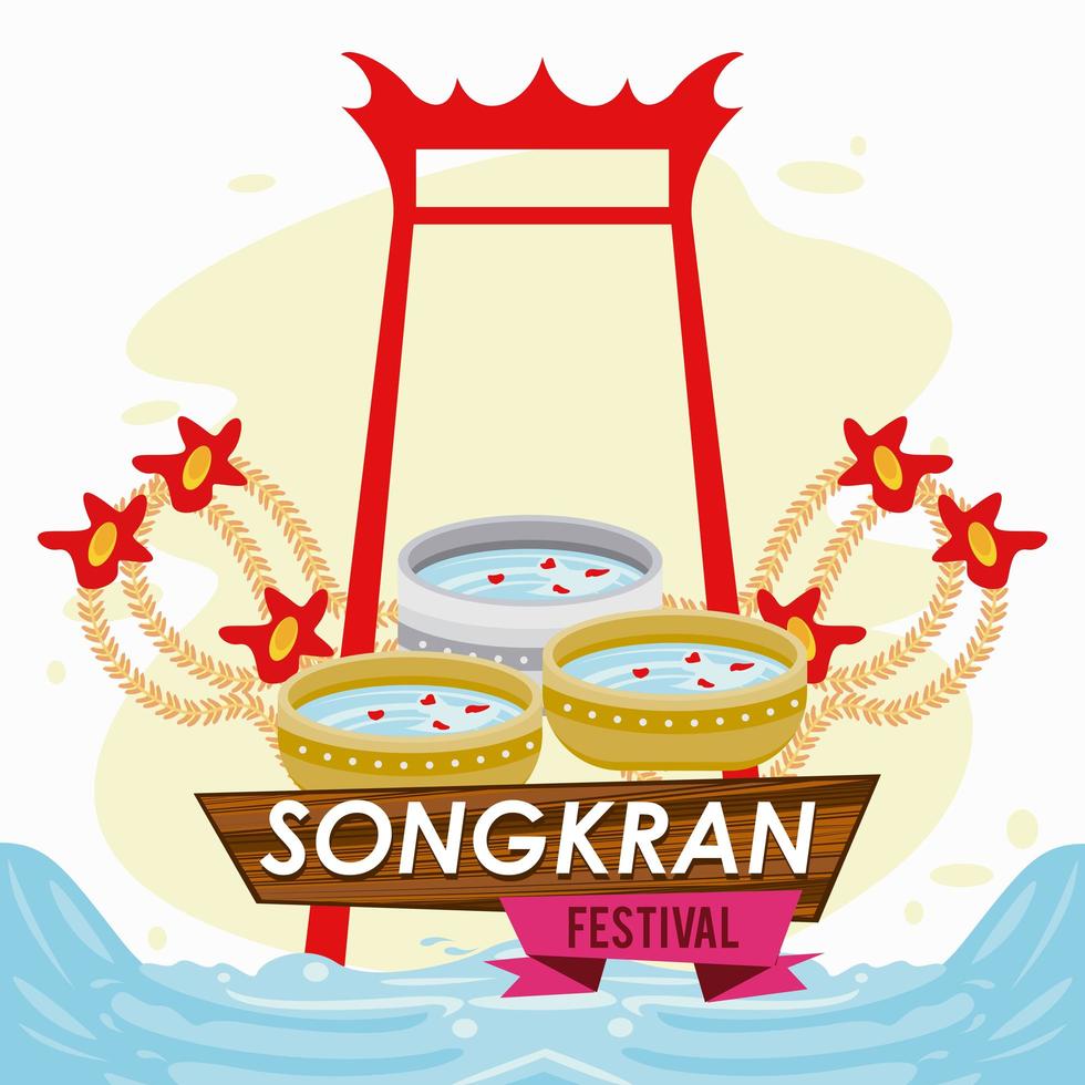 festa de celebração songkran com arco e tigelas de água vetor