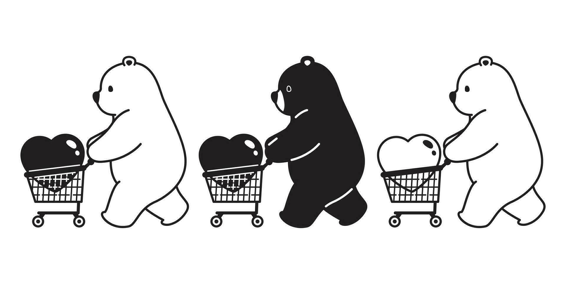 Urso vetor polar Urso coração namorados compras carrinho saco desenho animado personagem ícone logotipo ilustração