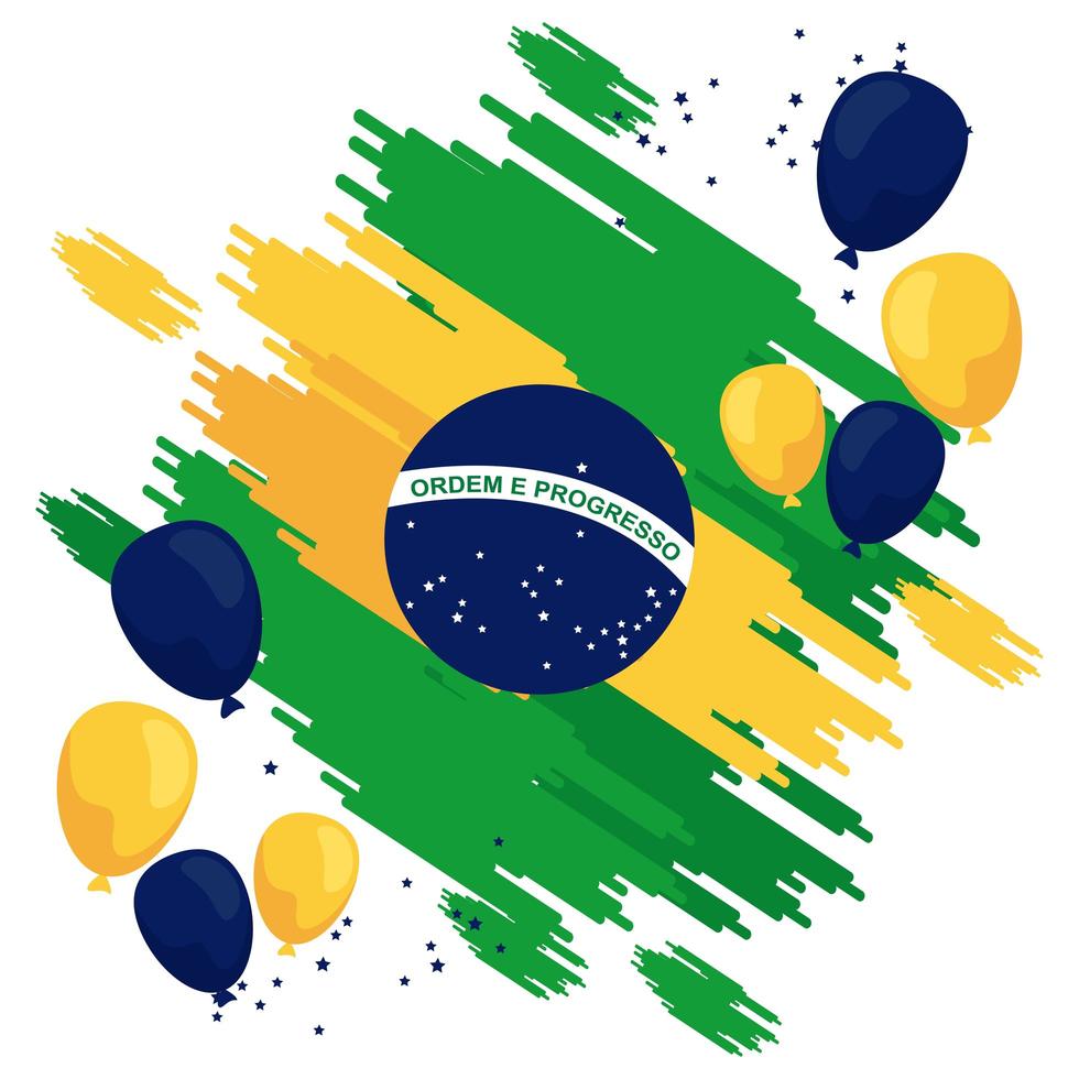 Brasil feliz celebração do dia da independência com balões de hélio e bandeira vetor