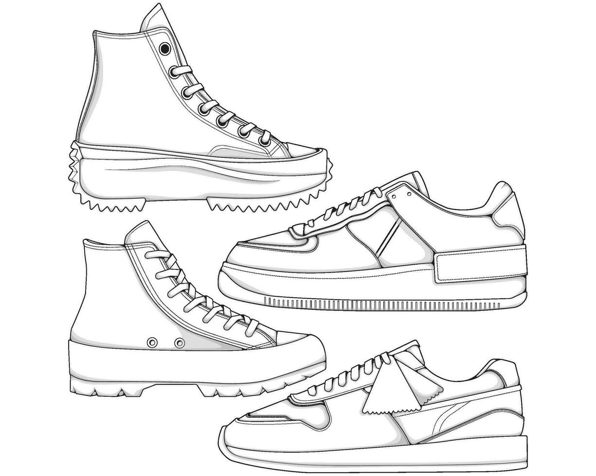 conjunto do sapatos tênis esboço desenhando vetor, tênis desenhado dentro uma esboço estilo, empacotamento tênis formadores modelo contorno, vetor ilustração.