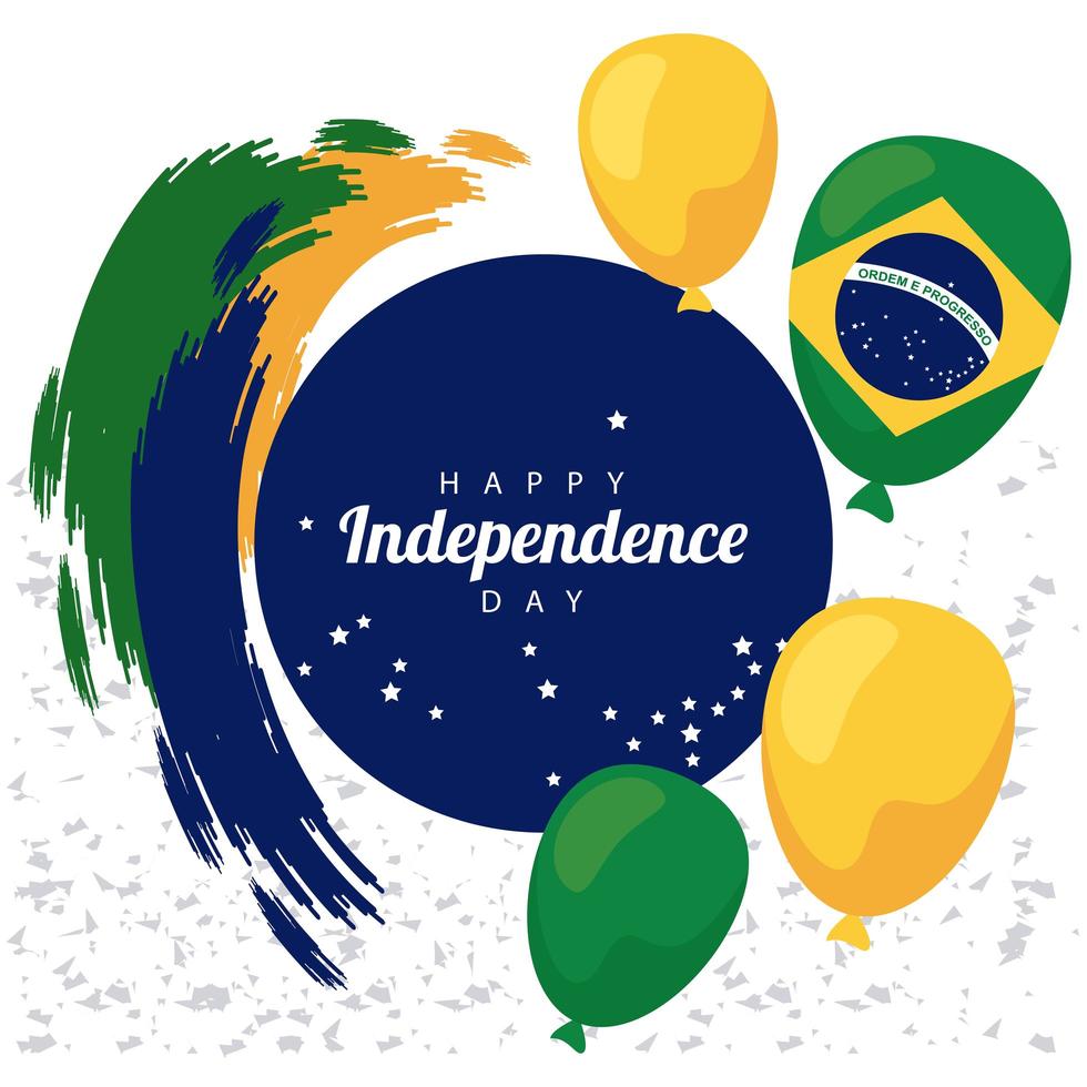Brasil feliz celebração do dia da independência com bandeira em balões de hélio float moldura circular vetor