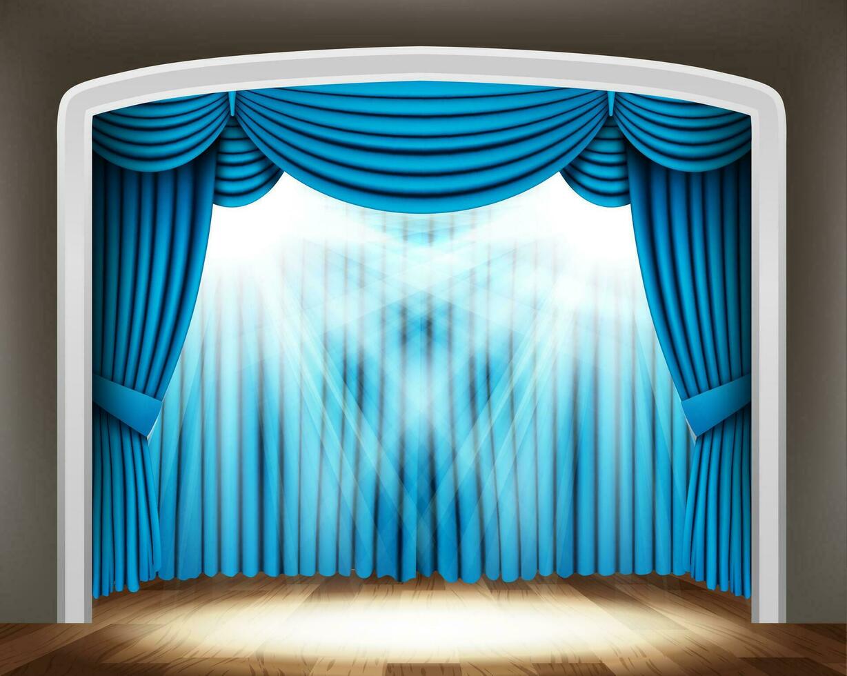 azul cortina do clássico teatro com Holofote em madeira chão, vetor ilustração