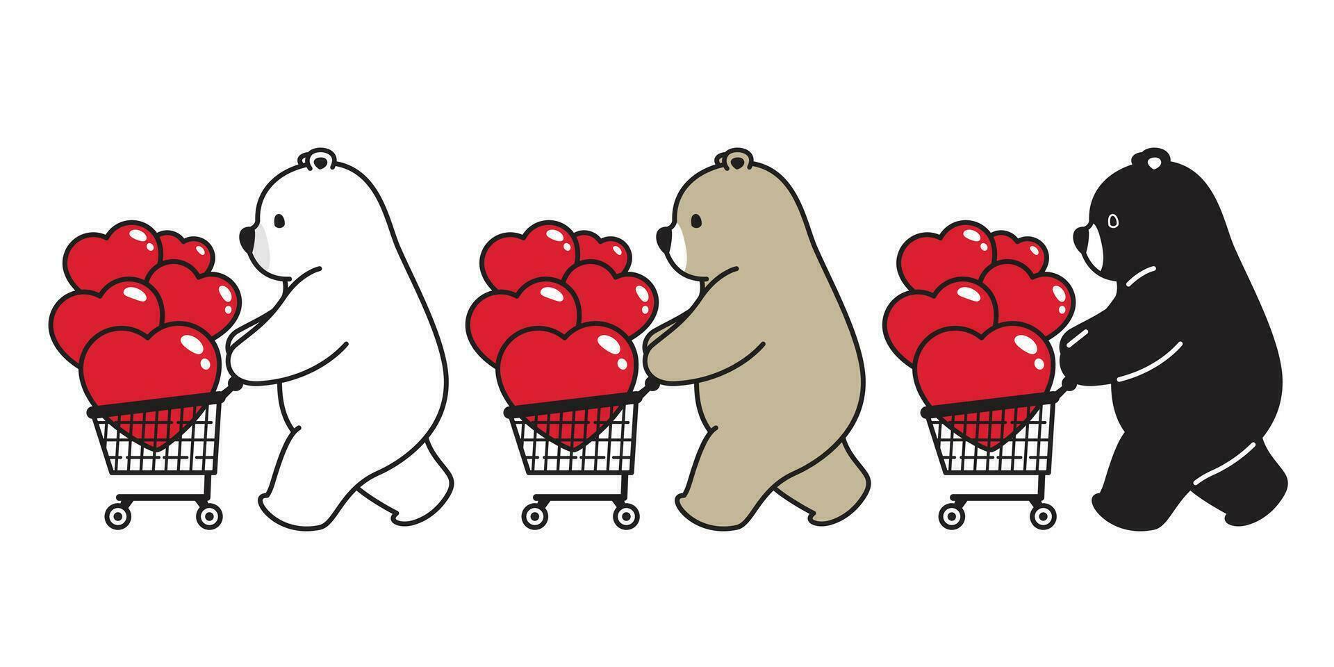 Urso vetor polar Urso coração namorados compras carrinho saco personagem desenho animado ícone logotipo ilustração rabisco