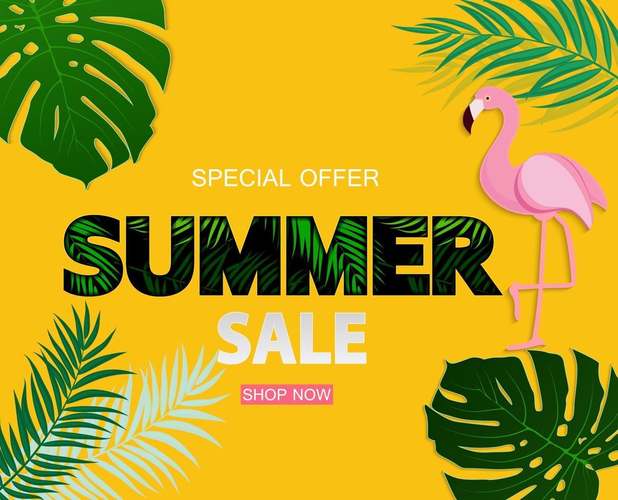 fundo abstrato de venda de verão tropical com flamingo e folhas vetor