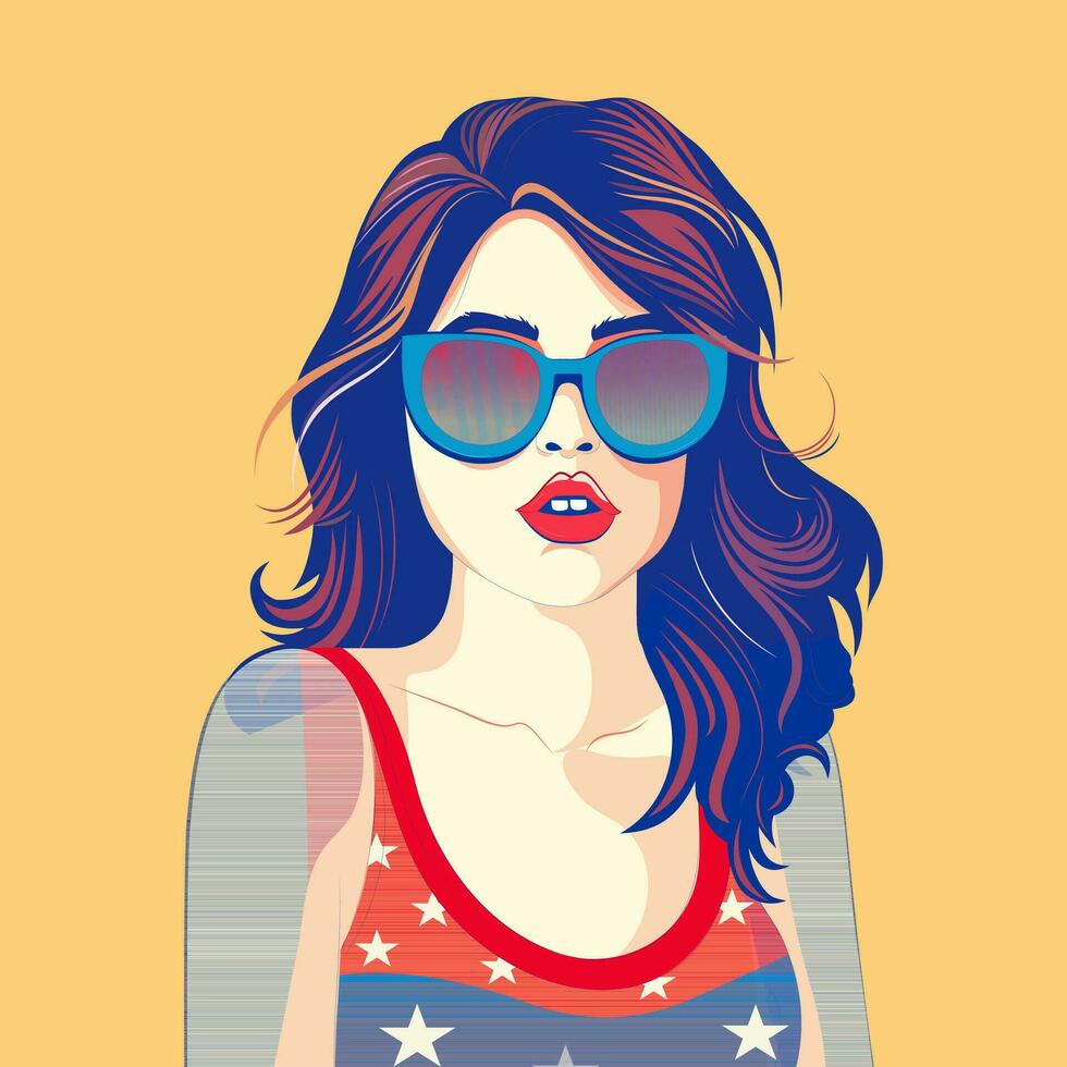 elegante jovem menina vestem oculos de sol e americano bandeira vestuário em amarelo fundo. vetor