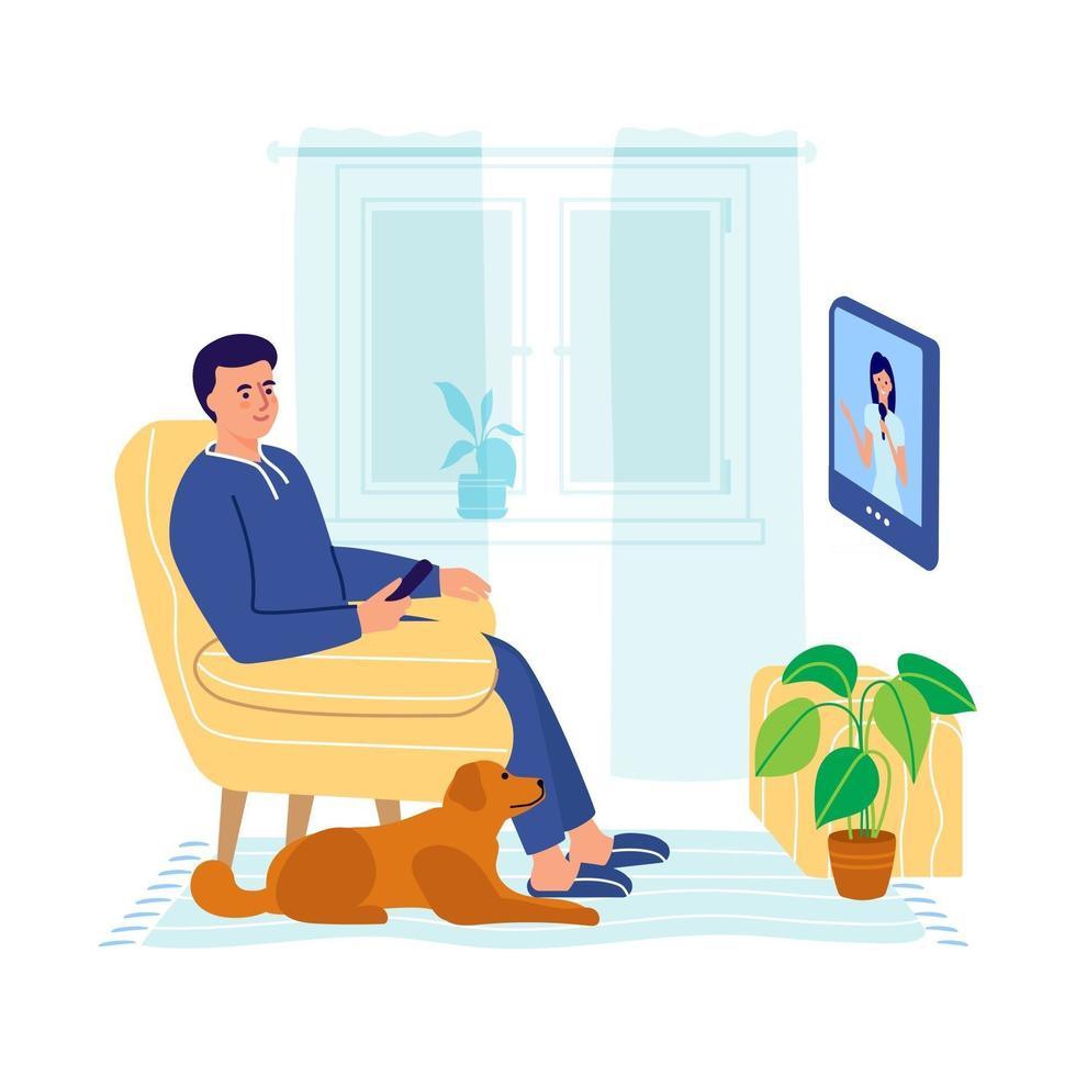 um homem se senta em uma poltrona e assiste tv vetor