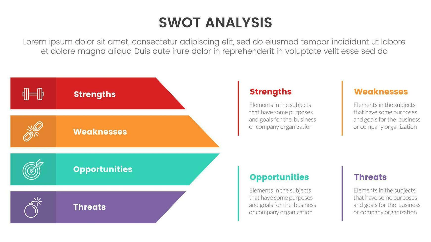 swot análise conceito com certo seta forma União para infográfico modelo bandeira com quatro ponto Lista em formação vetor