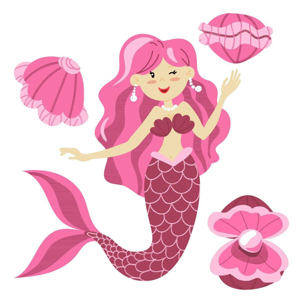 vetor ilustração do uma fofa Rosa sereia Princesa com colorida cabelo e de outros embaixo da agua elementos. conchas, Concha do mar com pérolas, todos dentro dela cor. crianças ilustração dentro a marinho tema