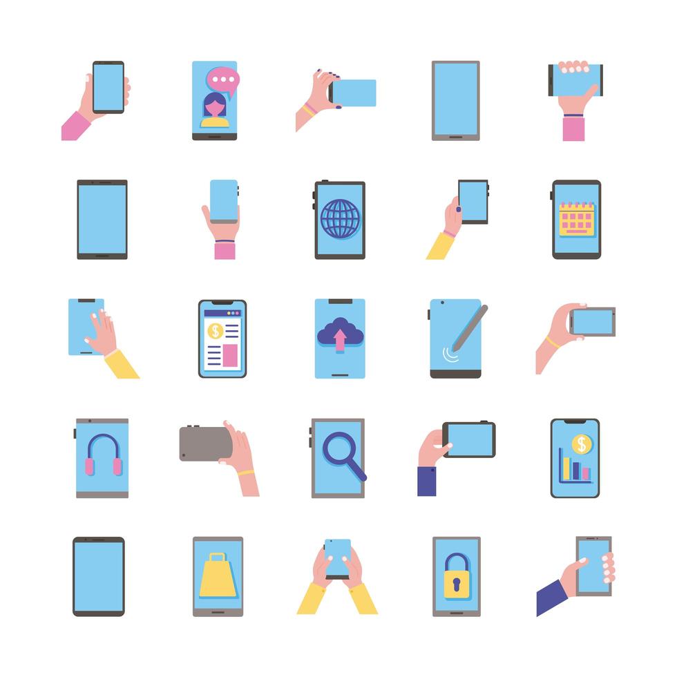 pacote de vinte e cinco dispositivos smartphones definir ícones vetor