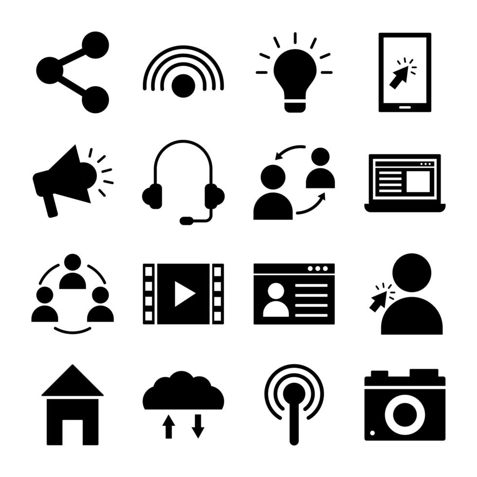 dezesseis ícones de coleção de conjunto de marketing de mídia social vetor