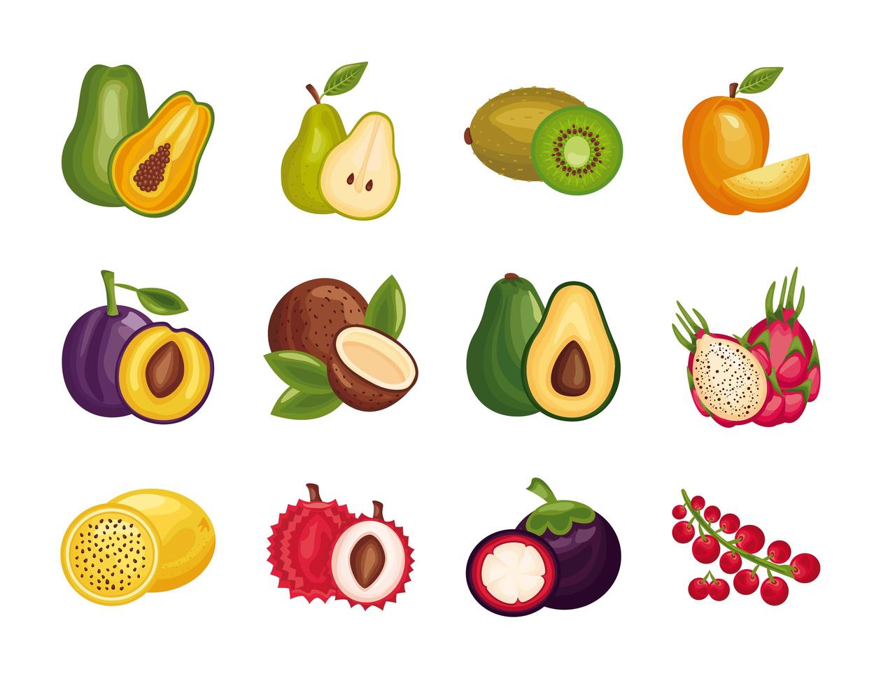 pacote de frutas frescas definir ícones vetor