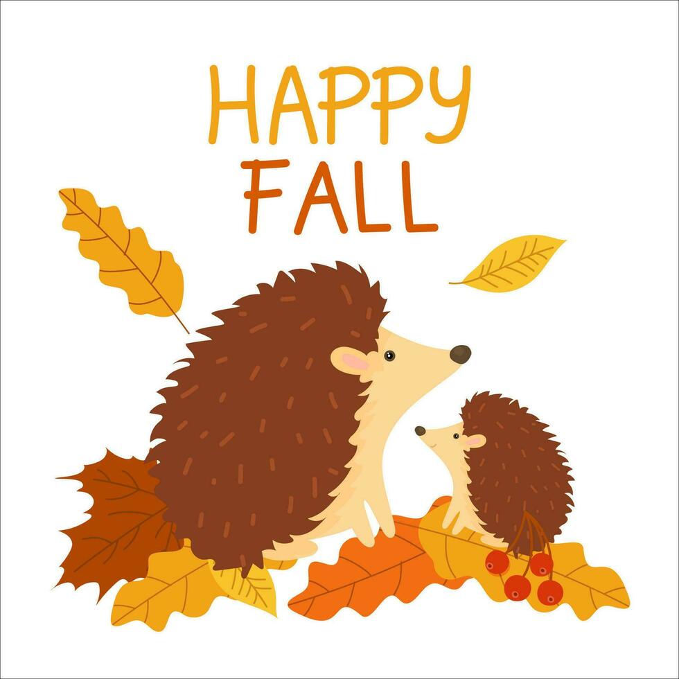dois fofa ouriços sentado entre outono folhas dentro a floresta isolado em uma branco fundo. vetor