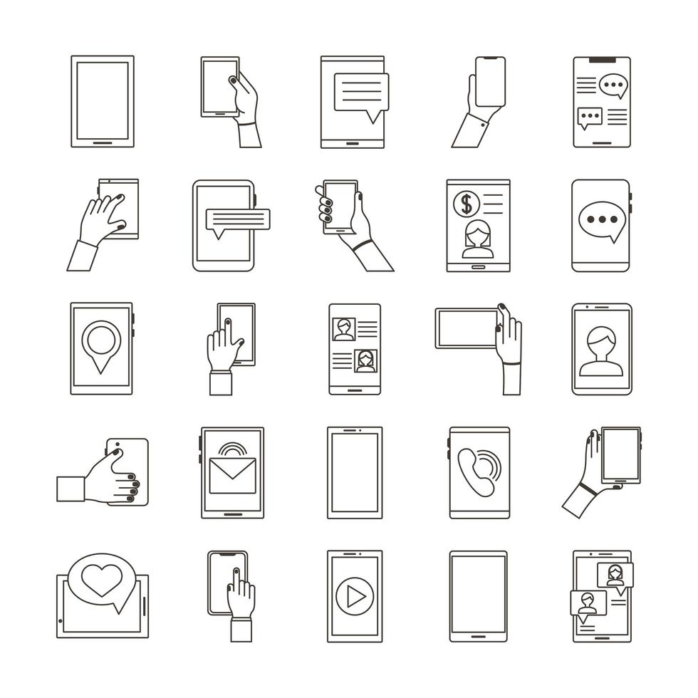 pacote de vinte e cinco dispositivos smartphones conjunto de ícones de coleção vetor