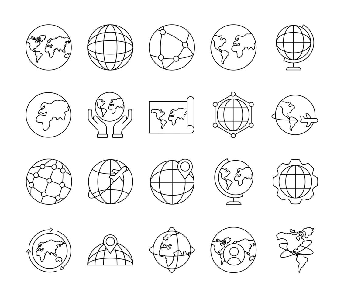 pacote de vinte ícones do conjunto de planetas do mundo vetor