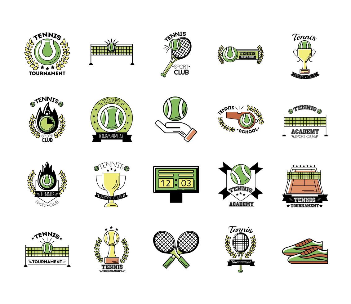 pacote de vinte ícones de coleção de jogos de tênis esportivos vetor