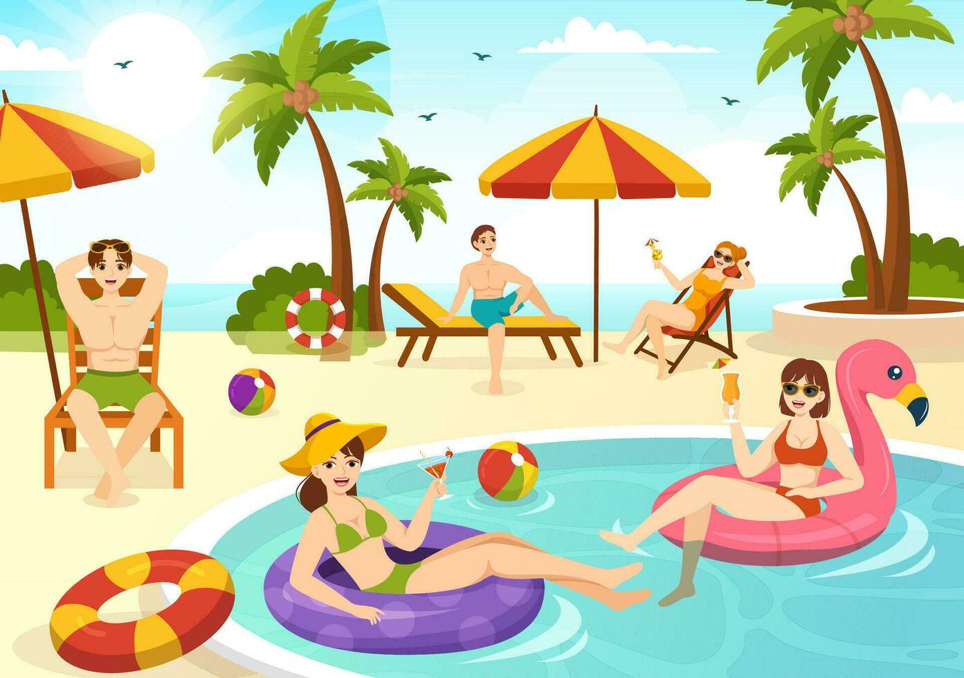 banhos de sol vetor ilustração do pessoas deitado em chaise salão e relaxante em de praia verão feriados dentro plano desenho animado mão desenhado modelos
