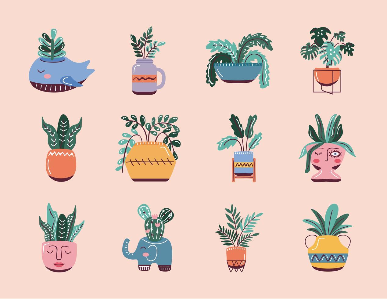 ícones de plantas domésticas de estilo escandinavo vetor