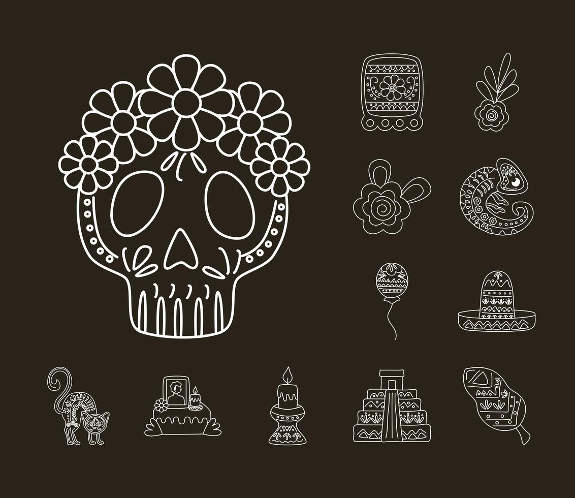 caveira mexicana com ícones de estilo de linha definida vetor