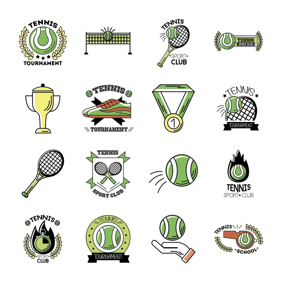 pacote de dezesseis ícones de coleção de jogos de tênis esportivos vetor