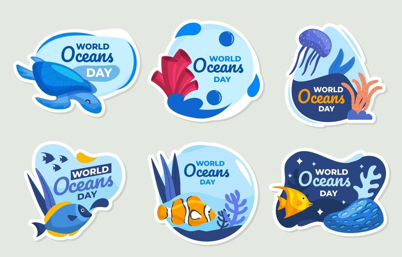 conjunto de adesivos do dia mundial dos oceanos vetor