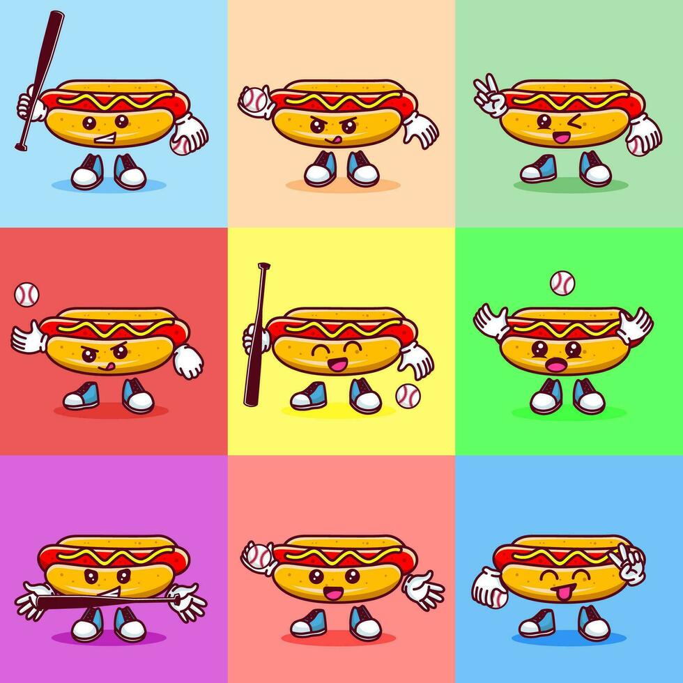 conjunto do vetor ilustração do kawaii quente cachorro desenho animado personagem com beisebol bastão e bola. vetor eps 10