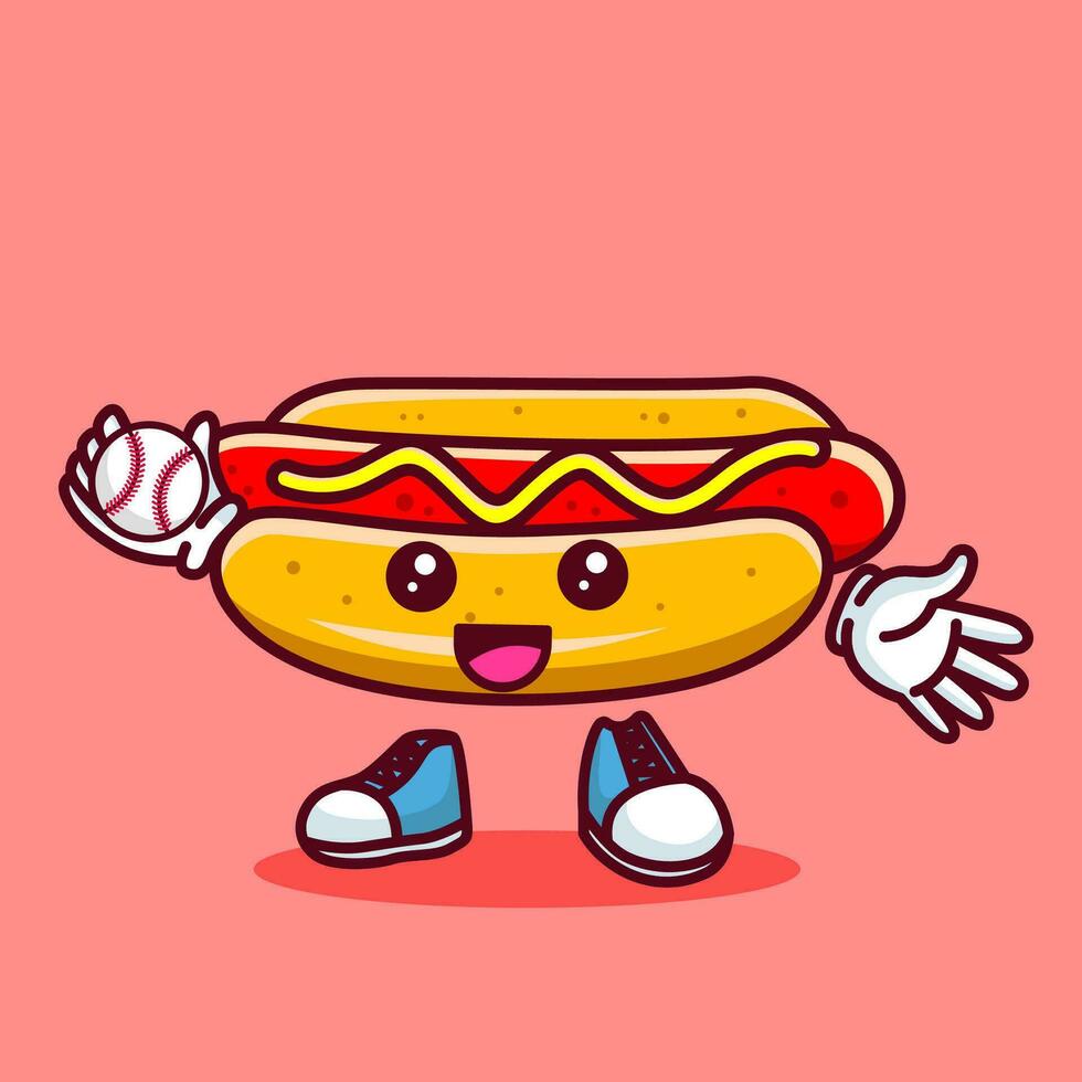 vetor ilustração do kawaii quente cachorro desenho animado personagem com beisebol bastão e bola. vetor eps 10