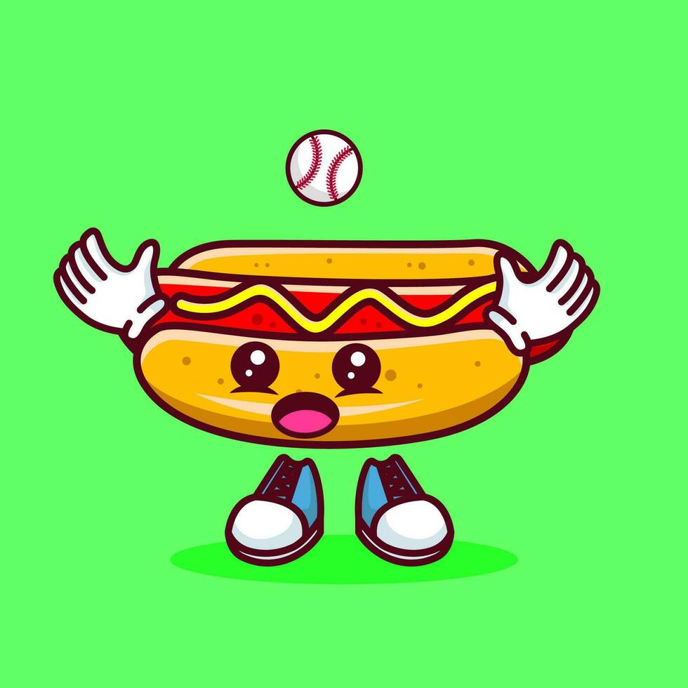 vetor ilustração do kawaii quente cachorro desenho animado personagem com beisebol bastão e bola. vetor eps 10