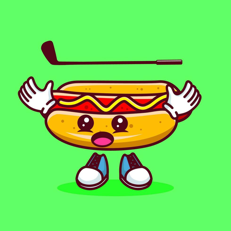 vetor ilustração do kawaii quente cachorro desenho animado personagem com bastão golfe e bola. vetor eps 10