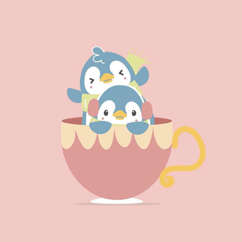 fofa e adorável pinguim com xícara, feliz dia dos namorados dia, amor conceito, plano vetor ilustração desenho animado personagem traje Projeto