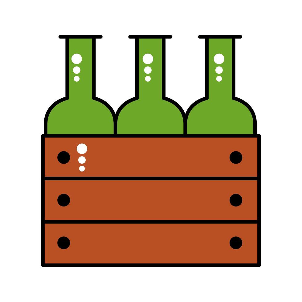 garrafas de cerveja em linha de cesto de madeira e estilo de enchimento vetor