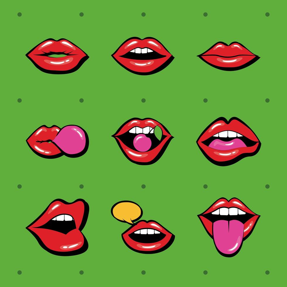pacote de nove bocas e lábios conjunto de ícones em fundo verde vetor